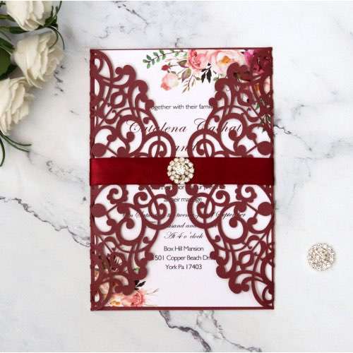 Wine Red Wedding Invitation Card With Ribbon Holiday Greeting Card Laser Cut